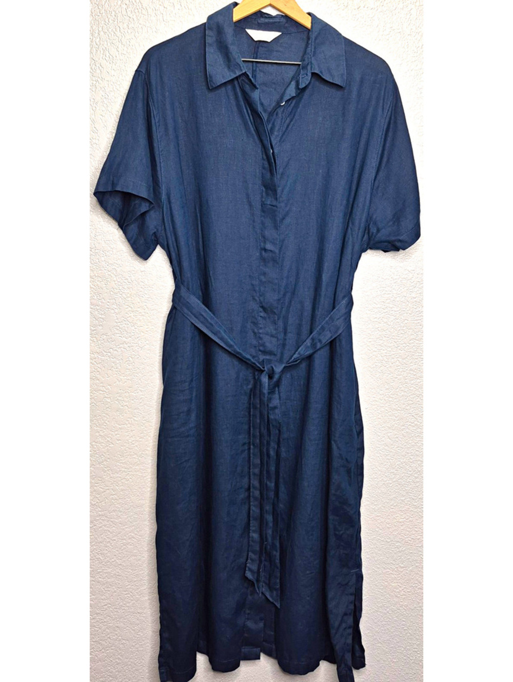 Primark The Edit 100% Linen Shirt Dress Womens 12 Navy Blue Belted Midi Belted